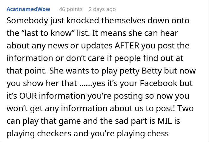 Screenshot of a Reddit comment discussing information sharing and control, featuring a casual text conversation with multiple points.