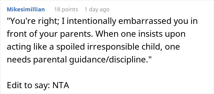 Comment about a husband intentionally embarrassing his wife in front of her parents to teach her a lesson on discipline. Comment about a husband intentionally embarrassing his wife in front of her parents to teach her a lesson on discipline.