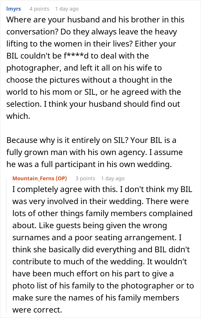 Screenshot of a conversation about bride entering new family drama after excluding sister-in-law from wedding photos.