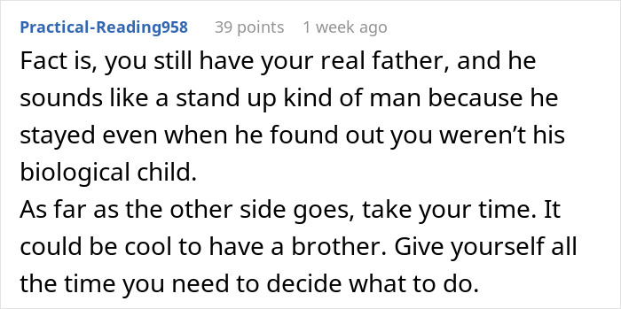 Comment discussing a man discovering a secret family after taking an ancestry test under wife's pressure.