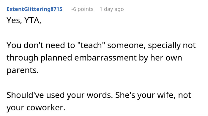 Screenshot of a forum comment criticizing a husband for embarrassing his wife in front of her parents to teach her a lesson. Screenshot of a forum comment criticizing a husband for embarrassing his wife in front of her parents to teach her a lesson.