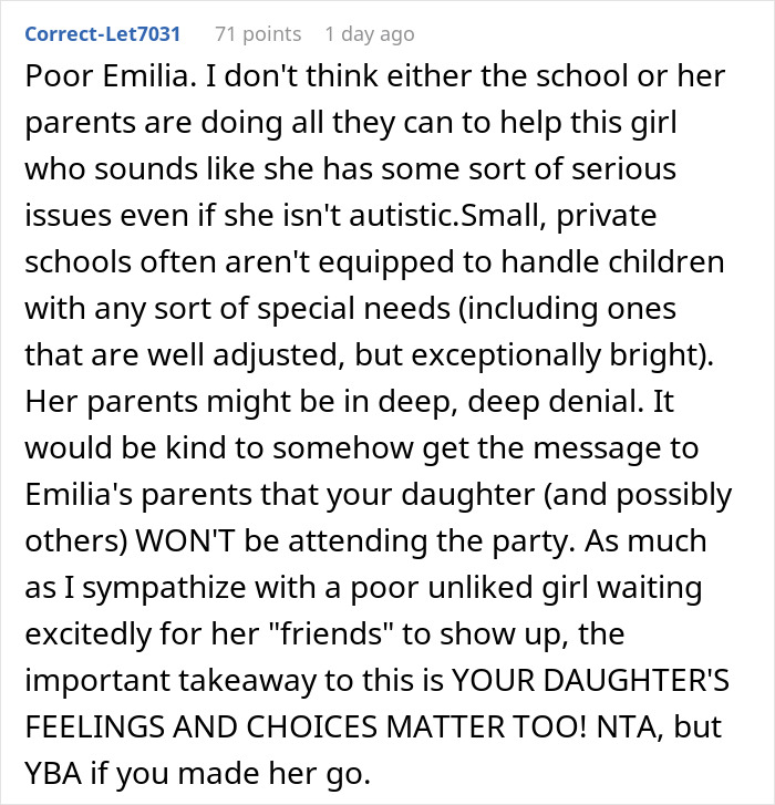 Screenshot of Reddit comment about a parent, I Am Torn, debating making daughter attend a birthday others are skipping Screenshot of Reddit comment about a parent, I Am Torn, debating making daughter attend a birthday others are skipping