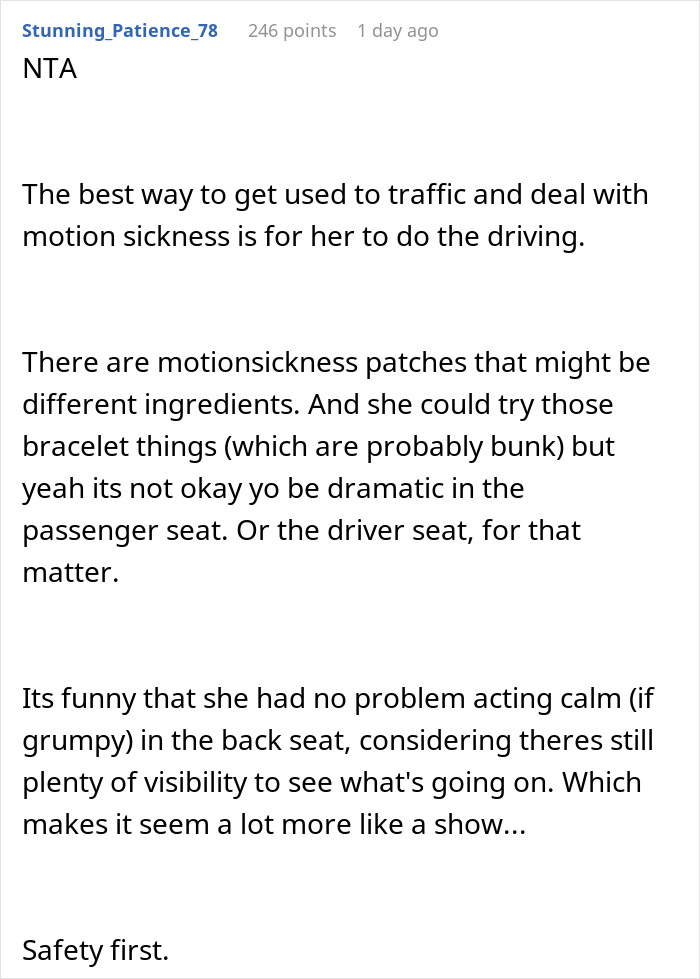 Screenshot of an online comment discussing anxiety meltdown and safety risks leading to a husband banning his wife from the front seat. Screenshot of an online comment discussing anxiety meltdown and safety risks leading to a husband banning his wife from the front seat.