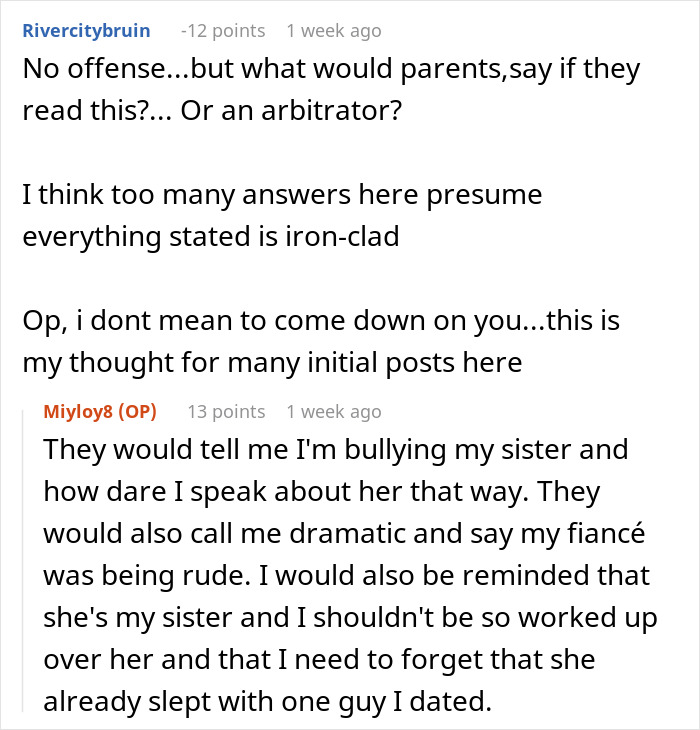 Screenshot of a Reddit conversation about a golden child telling sister’s fiancé he could do better with parents watching. Screenshot of a Reddit conversation about a golden child telling sister’s fiancé he could do better with parents watching.