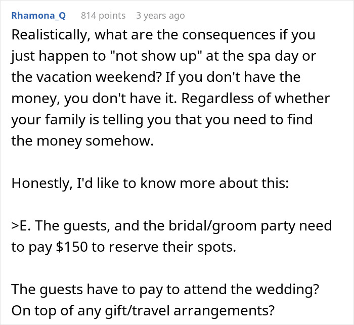 User comments discussing consequences of a sister turning into a bridezilla and family meeting conflicts.