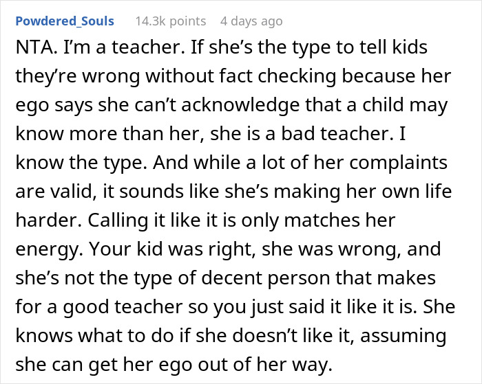 Comment from a teacher discussing a kid knowing a fun fact the teacher didn’t, highlighting the dad’s support in the situation. Comment from a teacher discussing a kid knowing a fun fact the teacher didn’t, highlighting the dad’s support in the situation.