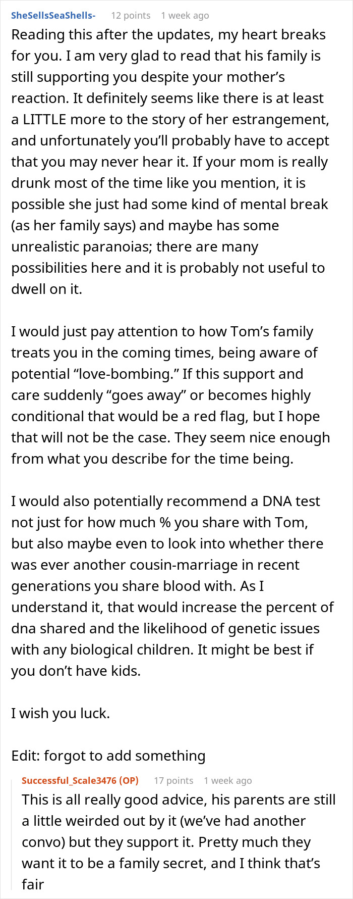 Screenshot of an online forum discussing a woman discovering she’s engaged to her first cousin during a family Christmas. Screenshot of an online forum discussing a woman discovering she’s engaged to her first cousin during a family Christmas.