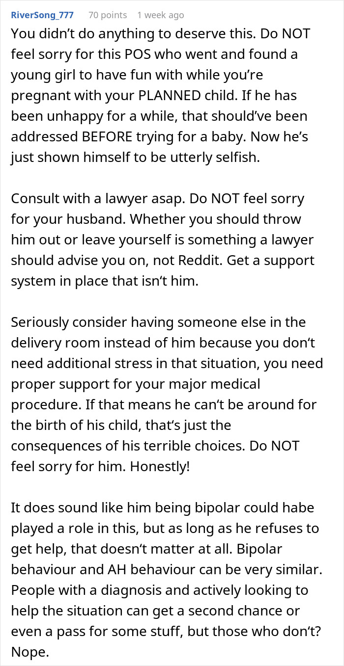 Reddit advice urging a pregnant wife to prioritize co-parenting and legal support after bipolar husband leaves for young lover.