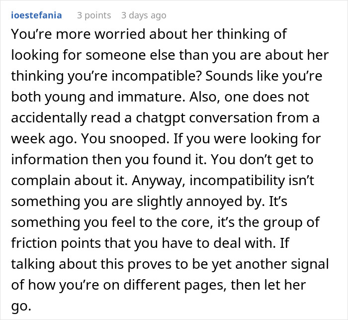 User comment discussing concerns about compatibility and snooping in a relationship using AI as a personal coach. User comment discussing concerns about compatibility and snooping in a relationship using AI as a personal coach.