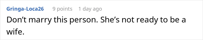 Comment on a forum about a mother dictating wedding attire, with the groom refusing marriage in response.