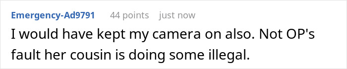 Comment text about keeping camera on and cousin involved in illegal activity, related to aunt camera family parole discussion.