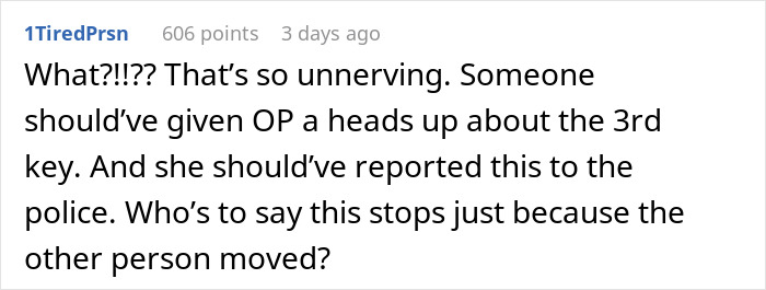 Screenshot of a Reddit comment reacting to strange events in an apartment, discussing a possible third key and safety concerns.