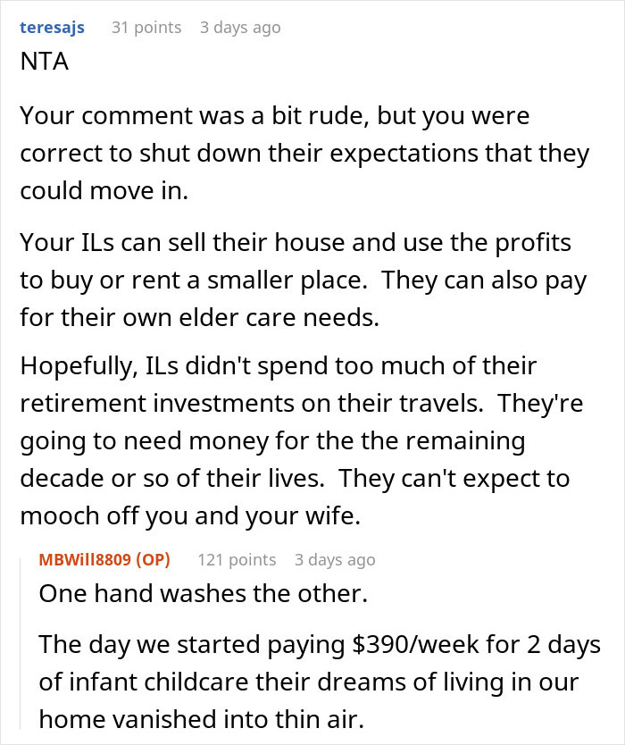 Reddit comment discussing in-laws refusing to help with childcare and expectations to move in rejected firmly.