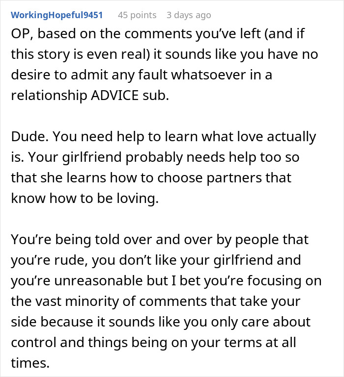 Screenshot of a Reddit comment discussing relationship advice when man loses it as girlfriend misinterprets business trip.