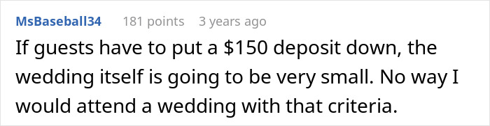 Screenshot of an online comment discussing concerns about wedding deposits and small guest lists amid a bridezilla situation.
