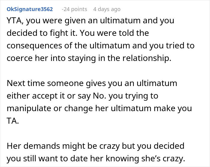 Comment about a woman forcing boyfriend to sign contract for income share in a contentious relationship discussion.