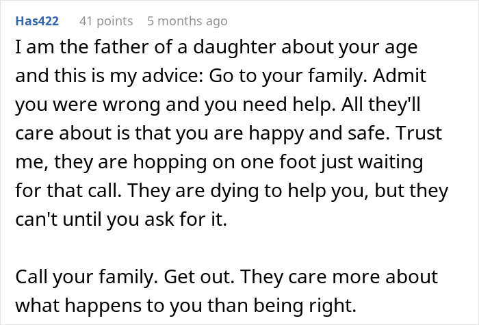 Comment urging a 25-year-old mom to escape and seek help from family to stay safe from her controlling 52-year-old partner.