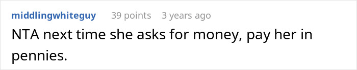 Screenshot of a social media comment suggesting to pay a greedy MIL wedding gift request in pennies.