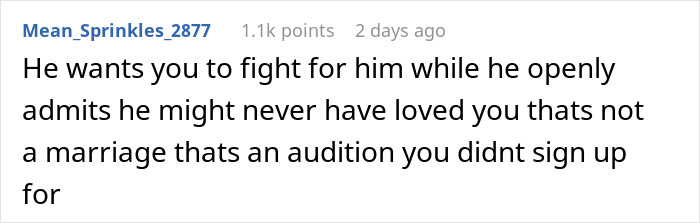 Comment discussing a husband telling pregnant wife he never loved her and expecting her to audition to win him back.