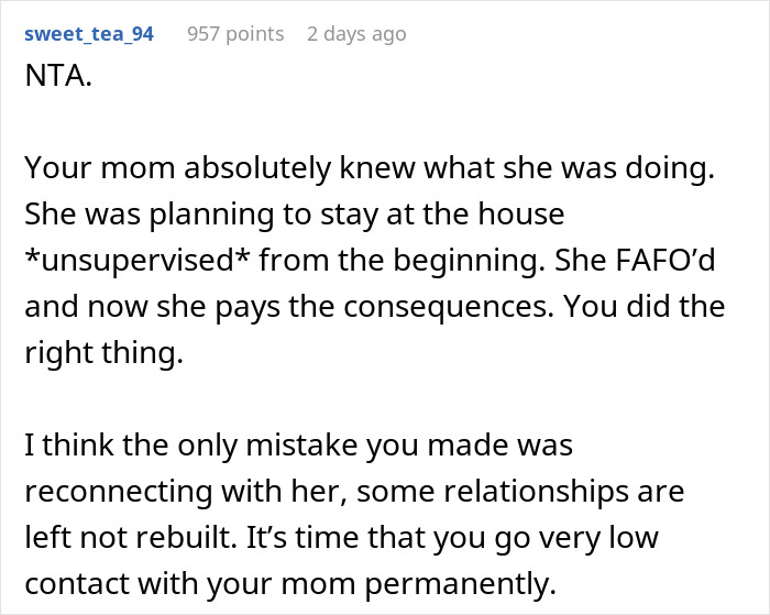 Comment on mother airport trip drama advising low contact with mom after unsupervised stay plan backfires. Comment on mother airport trip drama advising low contact with mom after unsupervised stay plan backfires.