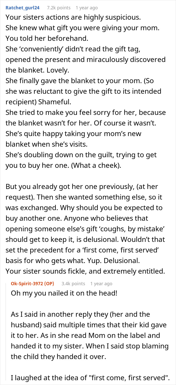 Reddit comment thread about sister exchanging a heated blanket, commenters call her entitled and suspicious. Reddit comment thread about sister exchanging a heated blanket, commenters call her entitled and suspicious.