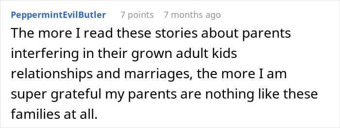 Screenshot of a Reddit comment discussing parents interfering in adult kids relationships, highlighting manipulative control. Screenshot of a Reddit comment discussing parents interfering in adult kids relationships, highlighting manipulative control.
