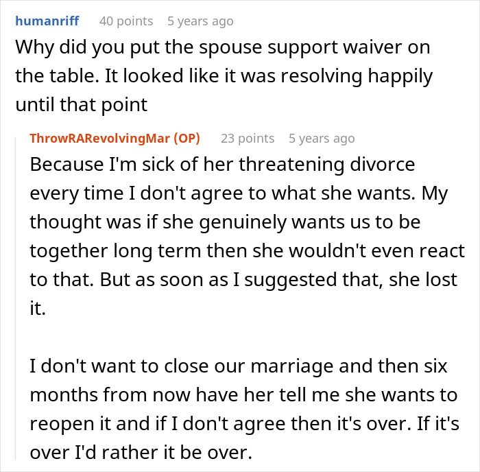 Reddit conversation about wife making husband agree to an open marriage to reconnect with her ex, discussing divorce threats.