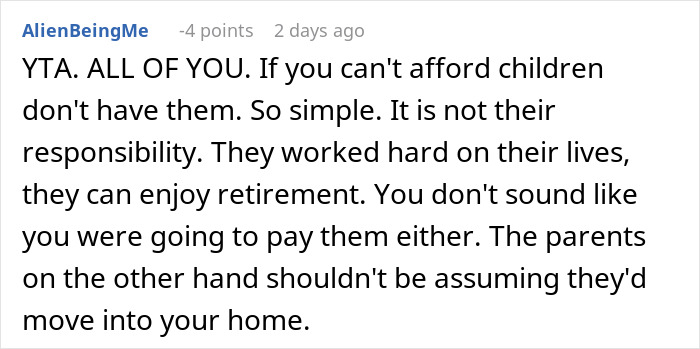 Comment discussing in-laws refusing to help with childcare and opposing moving into the home.