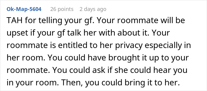 Comment discussing a guy refusing to embarrass his roommate by mentioning he can hear her moan, surprising his girlfriend’s reaction. Comment discussing a guy refusing to embarrass his roommate by mentioning he can hear her moan, surprising his girlfriend’s reaction.