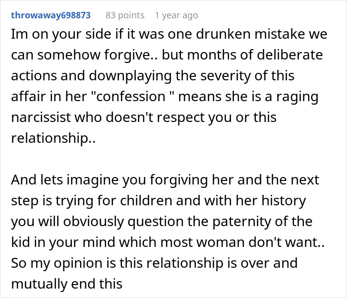 Comment discussing a man who discovers years later that his wife’s cheating was more than just one drunken night.
