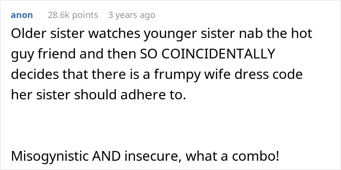 Screenshot of a misogynistic comment criticizing a sister&rsquo;s dress code and its insecure backlash online.