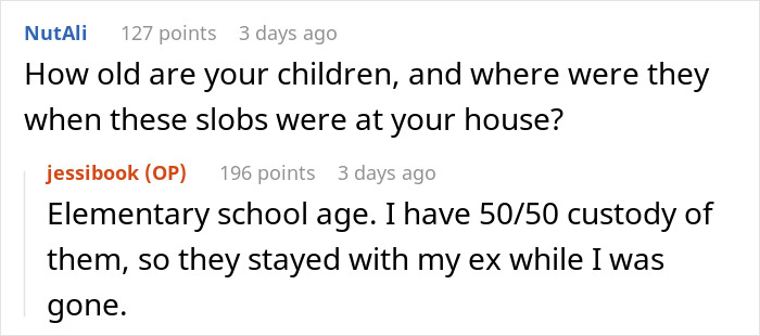 Commenter asking about children&rsquo;s ages during friend&rsquo;s stay, with OP explaining custody and children&rsquo;s location.