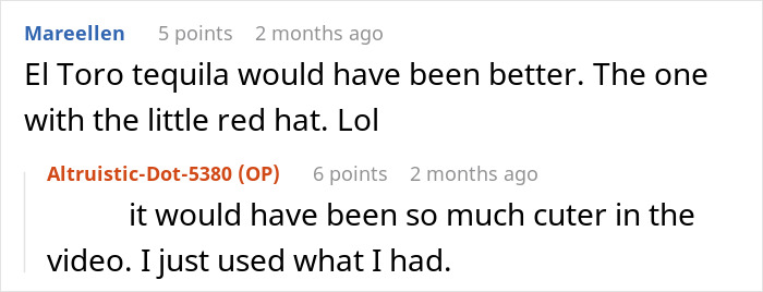 Screenshot of a Reddit conversation about tequila choices revealing tension with husband&rsquo;s family as lying snobs.