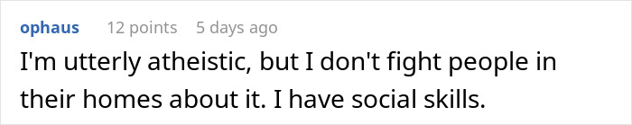 Screenshot of an online comment by a woman expressing atheism and frustration over religious items in shared living spaces. Screenshot of an online comment by a woman expressing atheism and frustration over religious items in shared living spaces.