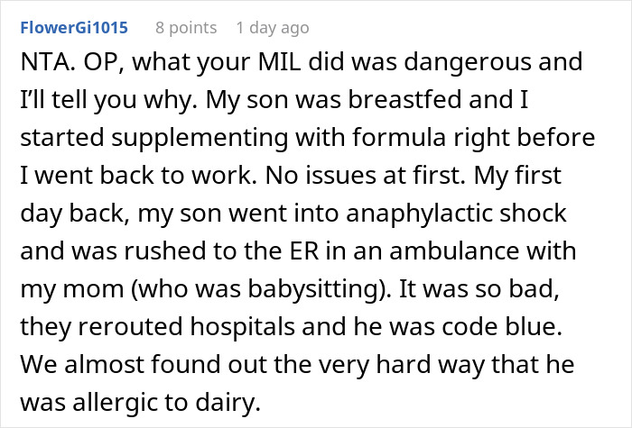Reddit comment screenshot about a baby's dairy allergy; mom takes her baby and storms off from MIL's house Reddit comment screenshot about a baby's dairy allergy; mom takes her baby and storms off from MIL's house
