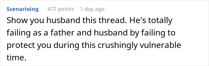Screenshot of a Reddit comment criticizing a husband for failing to protect new mom and baby during a vulnerable time.