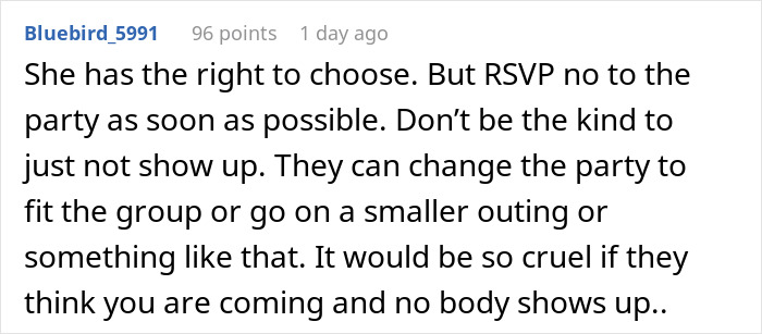 Reddit comment advising to RSVP no and skip a birthday party, Parent Wonders about making daughter attend Reddit comment advising to RSVP no and skip a birthday party, Parent Wonders about making daughter attend