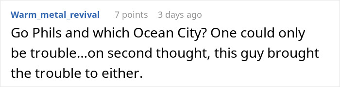 Reddit comment screenshot by Warm_metal_revival about trouble and Ocean City; man breaks off engagement Reddit comment screenshot by Warm_metal_revival about trouble and Ocean City; man breaks off engagement