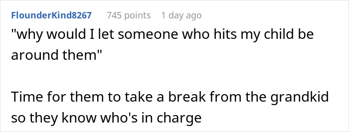 Screenshot of a social media comment discussing grandparents spanking a 3-year-old and being banned by parents. Screenshot of a social media comment discussing grandparents spanking a 3-year-old and being banned by parents.
