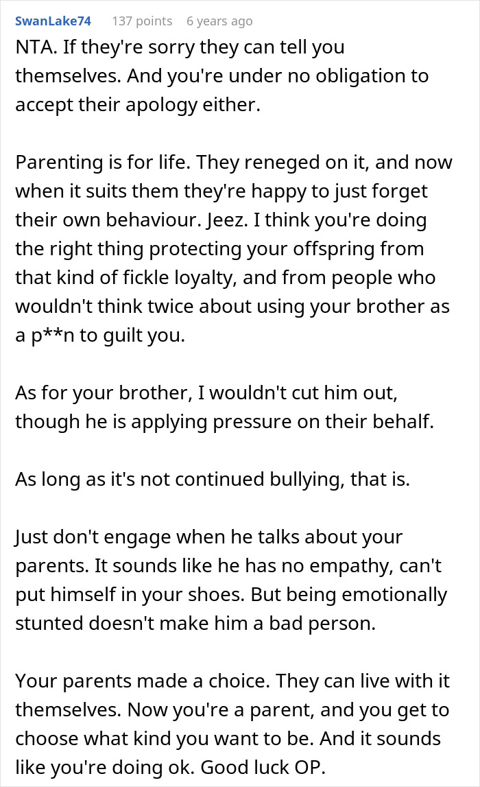 Text excerpt showing advice on a woman refusing parents to see her baby due to past family issues fifteen years ago. Text excerpt showing advice on a woman refusing parents to see her baby due to past family issues fifteen years ago.