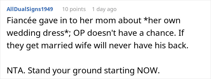 Commenter explains groom refuses marriage after mother dictates wedding attire, urging him to stand his ground now.