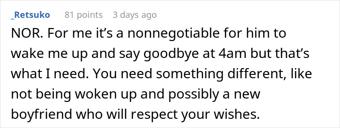 Screenshot of a Reddit comment about a man’s lovey-dovey ritual annoying his tired girlfriend with morning kisses and love.