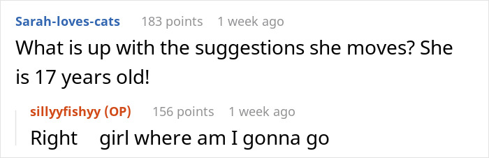 Text conversation showing a mom-boyfriend food drama with users discussing a 17-year-old's moving suggestions. Text conversation showing a mom-boyfriend food drama with users discussing a 17-year-old's moving suggestions.