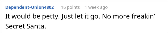 Comment about letting go of passive-aggressive gift drama among daycare workers shared in online forum discussion.