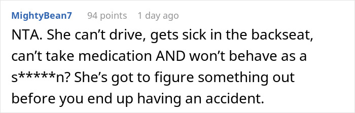 Screenshot of a Reddit comment discussing a husband banning his wife from the front seat after her anxiety meltdown risks their safety. Screenshot of a Reddit comment discussing a husband banning his wife from the front seat after her anxiety meltdown risks their safety.