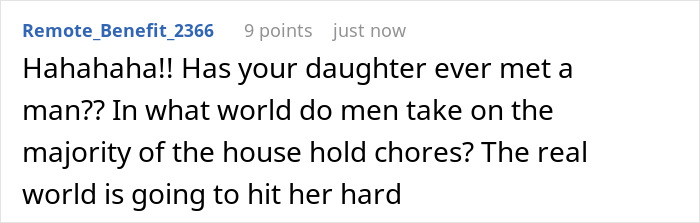 Screenshot of a Reddit comment discussing a daughter's reaction to doing household chores and gender roles in chores. Screenshot of a Reddit comment discussing a daughter's reaction to doing household chores and gender roles in chores.