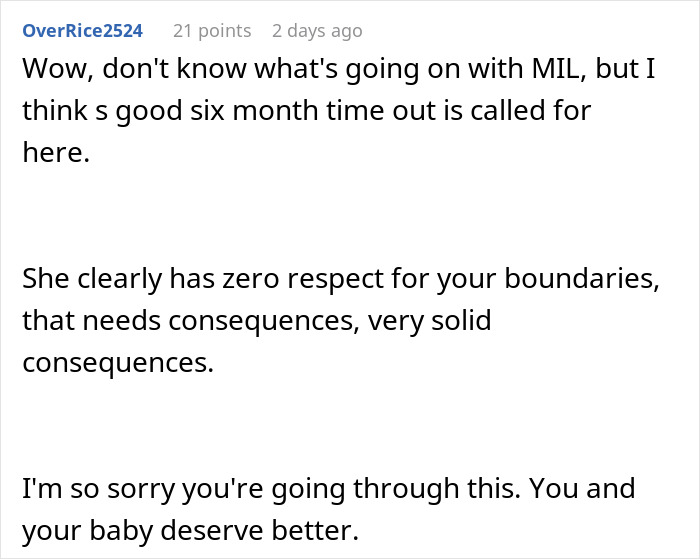 Comment expressing concern over MIL refusing baby name, emphasizing respect for boundaries and need for consequences.