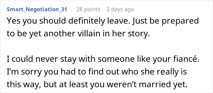 Screenshot of an online comment about a fiancée’s obsession with her bully affecting relationships, warning to leave. Screenshot of an online comment about a fiancée’s obsession with her bully affecting relationships, warning to leave.