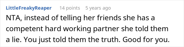 Reddit comment screenshot supporting guy embarrasses wife for refusing to go along with her lie Reddit comment screenshot supporting guy embarrasses wife for refusing to go along with her lie
