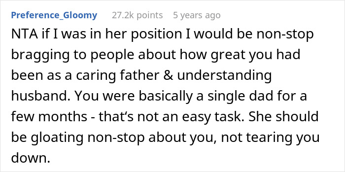 Screenshot of Reddit comment praising guy embarrasses wife for not joining her lie, praised as a caring father Screenshot of Reddit comment praising guy embarrasses wife for not joining her lie, praised as a caring father